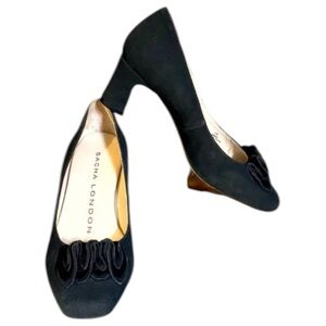 Sacha London women’s black suede ruffle pumps, two inch heels, NWOT